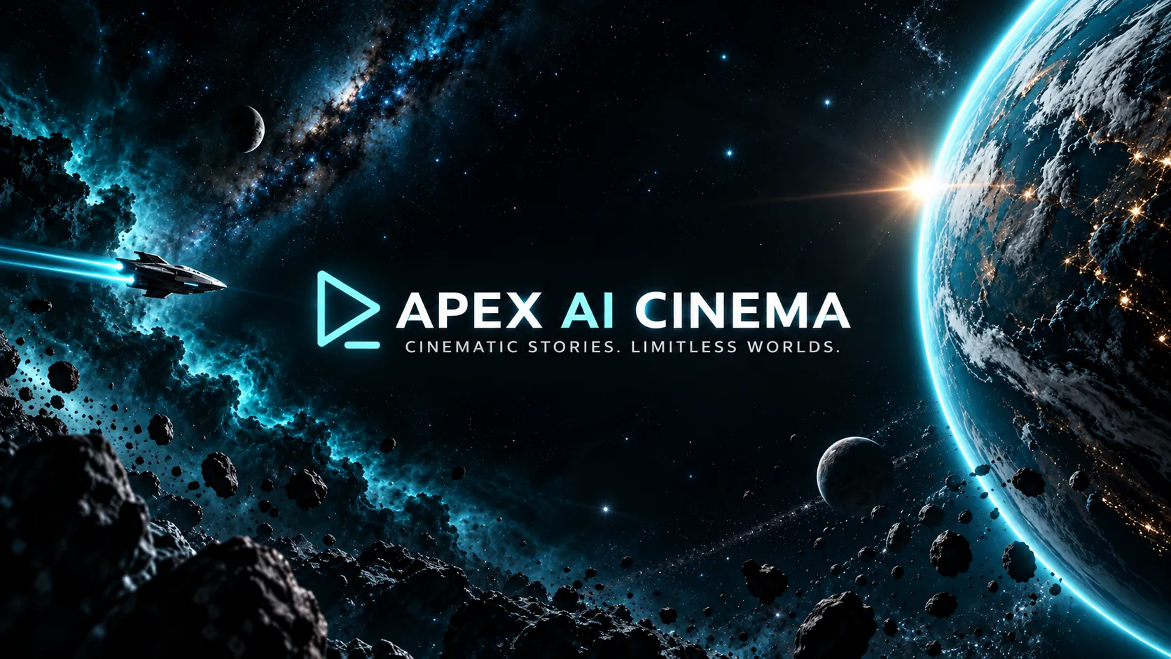 Apex AI Cinema afişi: bir uzay gemisi asteroitlerin arasından parlayan bir gezegene doğru uçuyor. Görseldeki yazı: “Cinematic stories. Limitless worlds.”