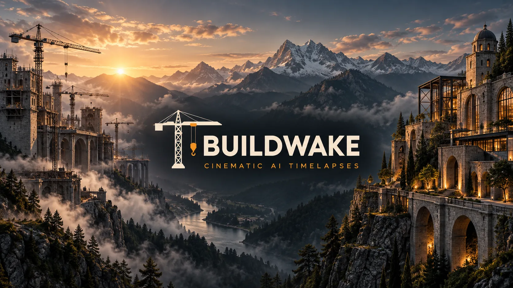 Buildwake afişi: gün batımında vinçler dağ yamacında taş bir şato inşa ediyor, vadinin karşısında şatonun bitmiş salonları ışıl ışıl. Görseldeki yazı: “Cinematic AI timelapses”.