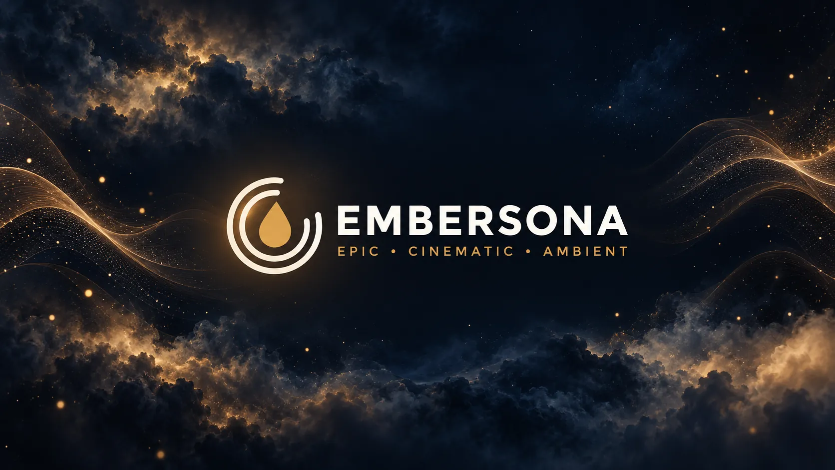 Embersona afişi: altın ışık dalgaları ve karanlık bulutlar arasında, iki halkanın içinde parlayan bir damla. Görseldeki yazı: “Epic · Cinematic · Ambient”.