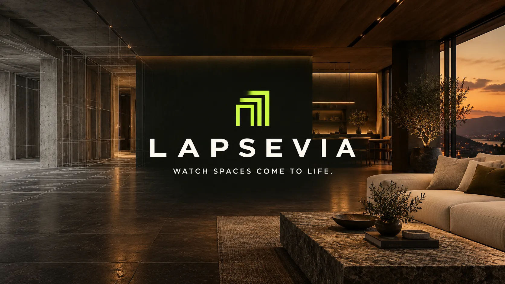 Lapsevia afişi: çıplak beton bir kat, gün batımı manzaralı, sıcak ve döşenmiş bir lofta dönüşüyor. Görseldeki yazı: “Watch spaces come to life.”