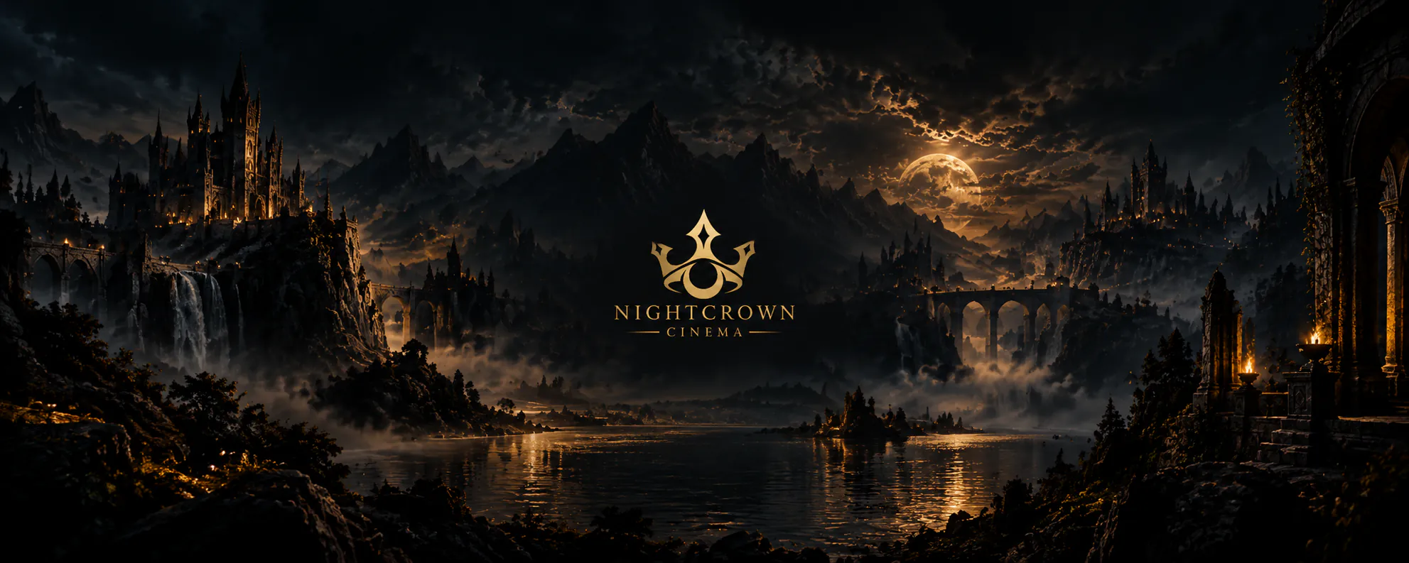 Nightcrown Cinema afişi: dolunayın altında şatolar, taş köprüler ve bir göl olan karanlık, fantastik bir vadinin üstünde altın bir taç logosu.
